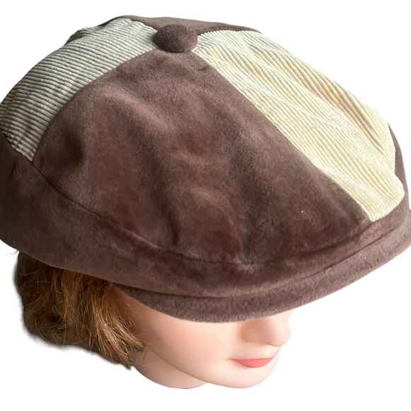 Vintage Corduroy & Velvet Brown Patchwork Hat Newsboy Cabbie Ivy Cap UNISEX - Picture 8 of 8
